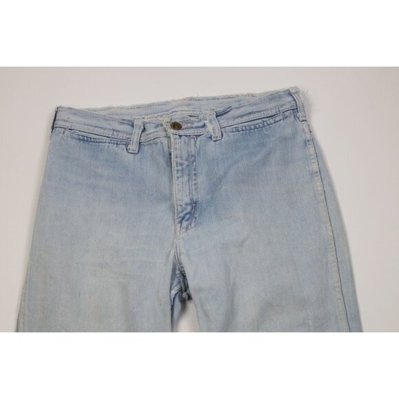 Vintage 70s Hang Ten Surfing Mens 32x32 Distressed Bell Bottoms Denim Jeans Blue - Picture 2 of 16